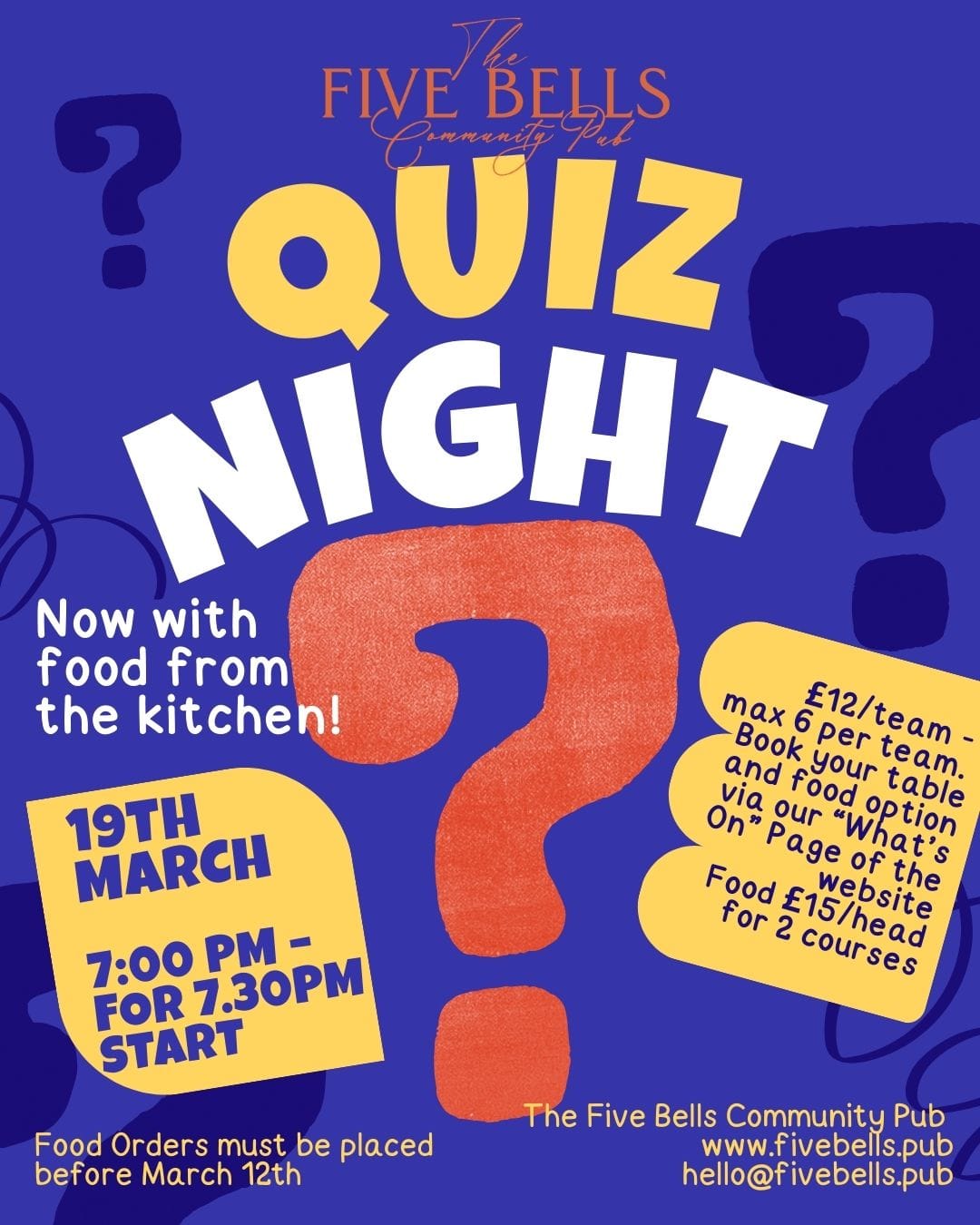 March Quiz Night – Now with food from the kitchen!